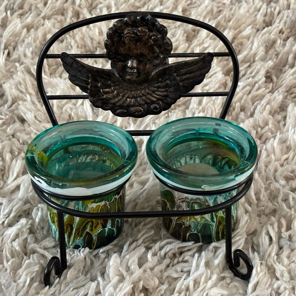 90s Y2K Decorative Glass Candle Holders with Angel Holder Design